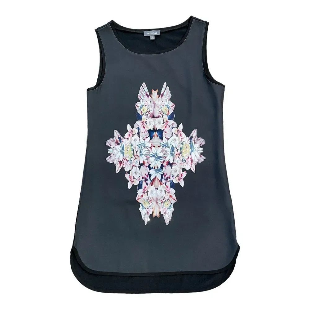Yessica Womens Tank Top Rhinestones Floral Black Pink Blue Tunic Pullover M
